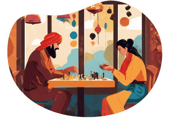 Board Game Night in a Cozy Turkish Coffeehouse date idea illustration