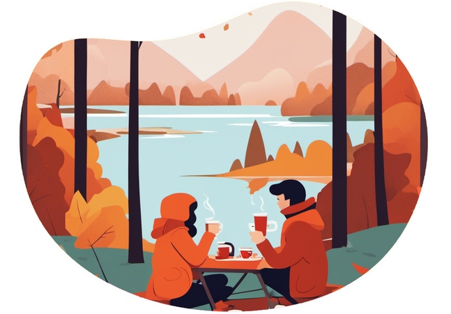 Fall colors nature hike & hot chocolate picnic by the lakeside date idea illustration