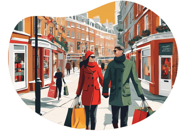 Christmas Shopping Spree and Vegetarian Lunch in London date idea illustration
