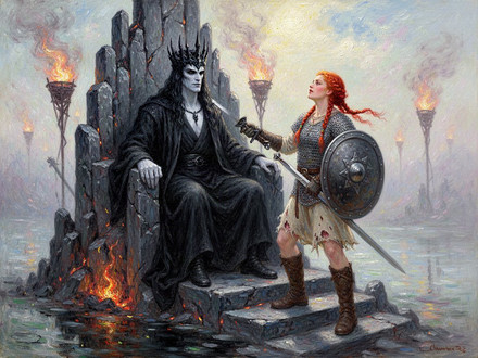 The Shieldmaiden and the Dark Lord — Impressionism — Flux 2 Turbo