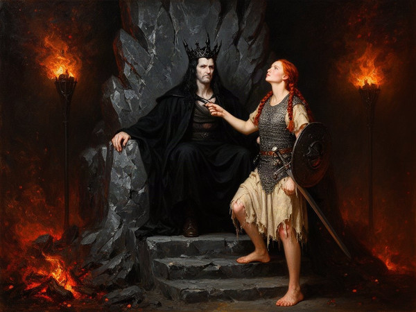 Flux 2 Dev — The Shieldmaiden and the Dark Lord — Oil Painting