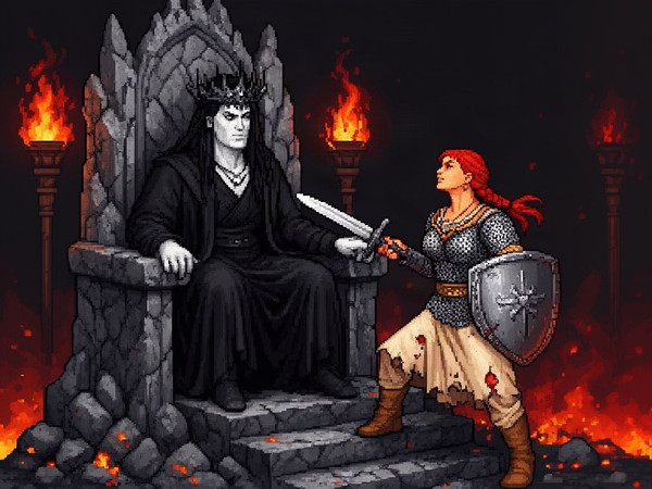 Flux 2 Dev — The Shieldmaiden and the Dark Lord — Pixel Art