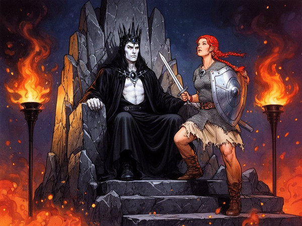 Flux 2 Dev — The Shieldmaiden and the Dark Lord — Retro Sci-Fi