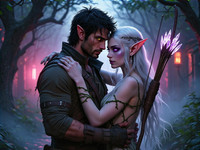 HiDream I1 Dev generated image for Fantasy Romance in the Whispering Grove - Neo Noir
