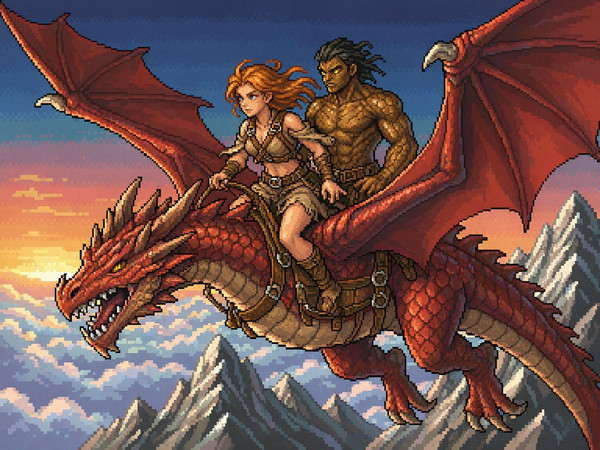 Hunyuan Image 3.5 Preview — Dragonrider at Dawn — Pixel Art