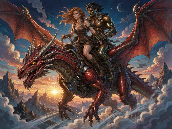 Hunyuan Image 3.5 Preview — Dragonrider at Dawn — Retro Sci-Fi