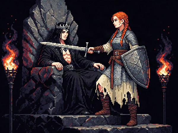Krea 2 Turbo — The Shieldmaiden and the Dark Lord — Pixel Art
