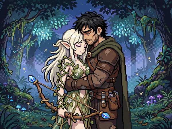 Muse — Fantasy Romance in the Whispering Grove — Pixel Art