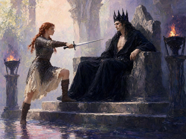 Qwen Image 2.1 — The Shieldmaiden and the Dark Lord — Impressionism