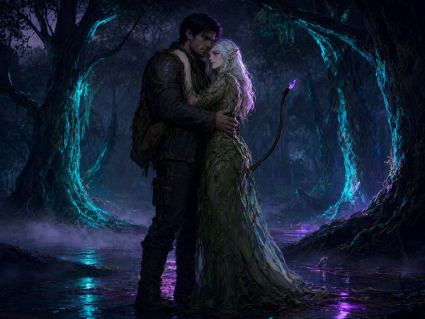 Qwen Image 2.1 — Fantasy Romance in the Whispering Grove — Neo Noir
