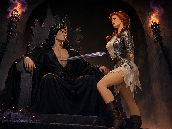 Qwen Image 2.1 — The Shieldmaiden and the Dark Lord — Pin-Up