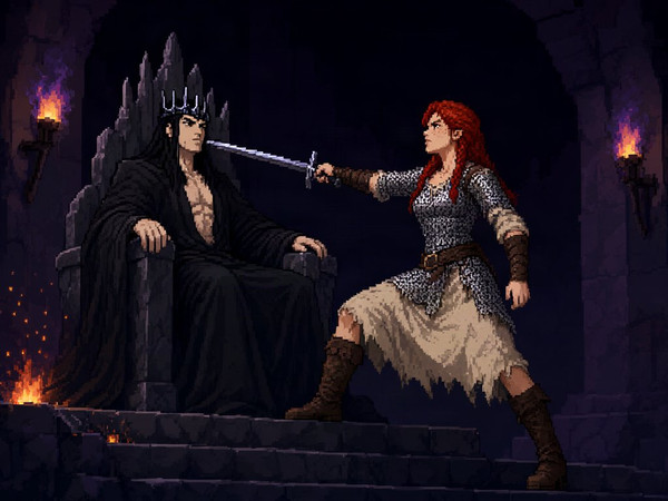 Qwen Image 2.1 — The Shieldmaiden and the Dark Lord — Pixel Art