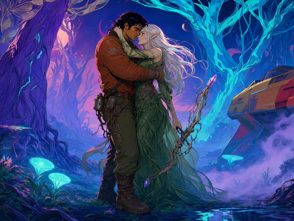 Qwen Image 2.1 — Fantasy Romance in the Whispering Grove — Retro Sci-Fi