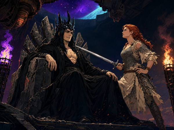 Qwen Image 2.1 — The Shieldmaiden and the Dark Lord — Retro Sci-Fi