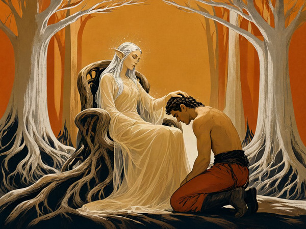 Qwen Image 2.1 — The Elven Queen's Champion — Vintage Poster