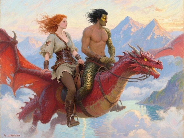 Qwen Image — Dragonrider at Dawn — Impressionism