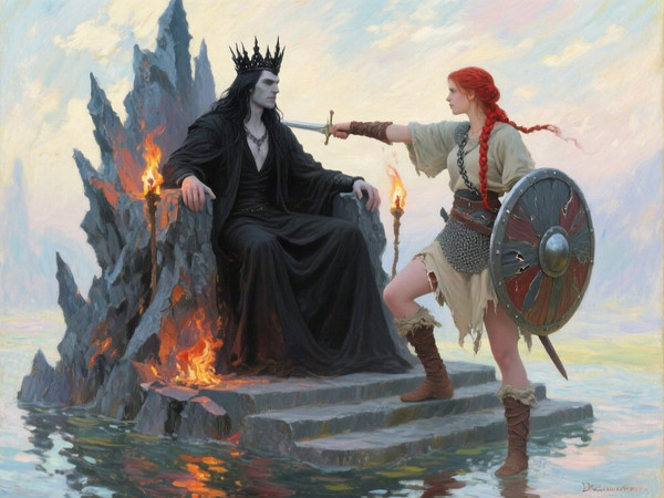 Qwen Image — The Shieldmaiden and the Dark Lord — Impressionism