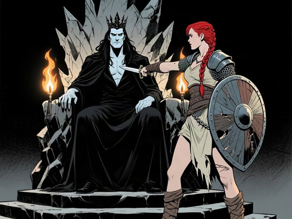Qwen Image — The Shieldmaiden and the Dark Lord — Noir Comic