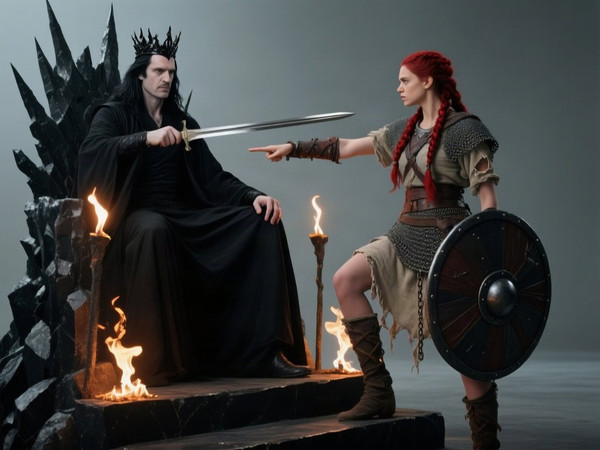 Qwen Image — The Shieldmaiden and the Dark Lord — Photorealistic
