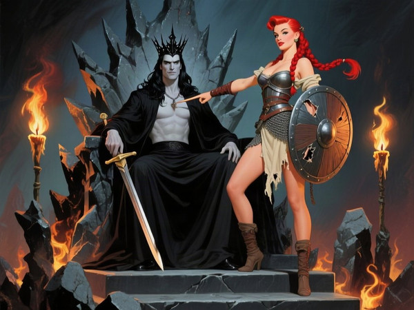Qwen Image — The Shieldmaiden and the Dark Lord — Pin-Up