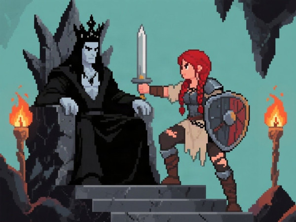 Qwen Image — The Shieldmaiden and the Dark Lord — Pixel Art
