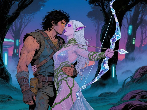 Qwen Image — Fantasy Romance in the Whispering Grove — Retro Sci-Fi