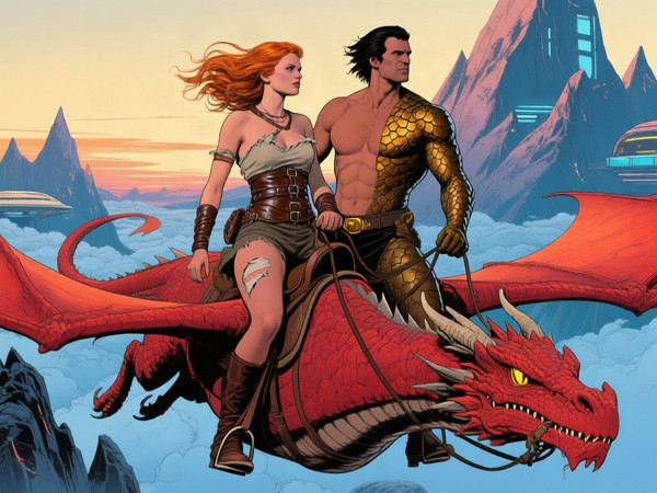 Qwen Image — Dragonrider at Dawn — Retro Sci-Fi