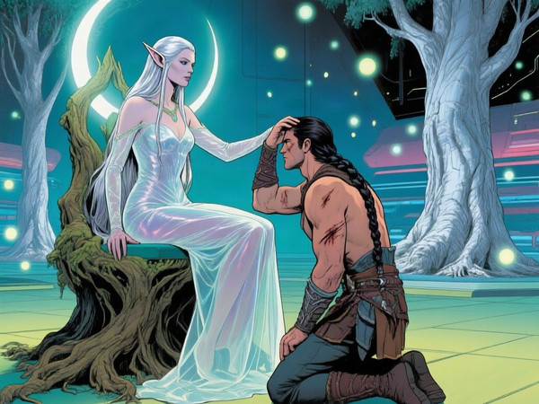 Qwen Image — The Elven Queen's Champion — Retro Sci-Fi