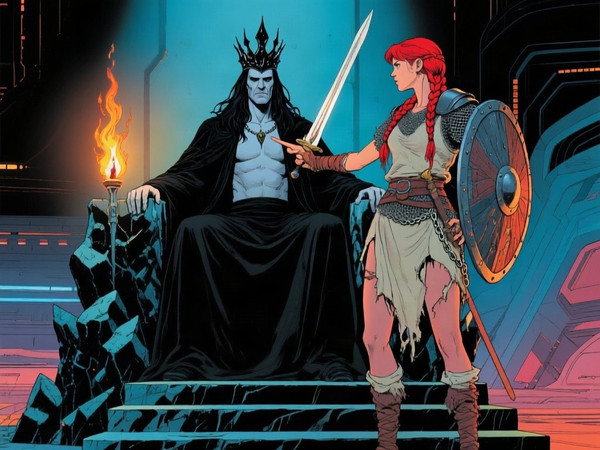 Qwen Image — The Shieldmaiden and the Dark Lord — Retro Sci-Fi