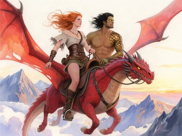 Qwen Image — Dragonrider at Dawn — Watercolor