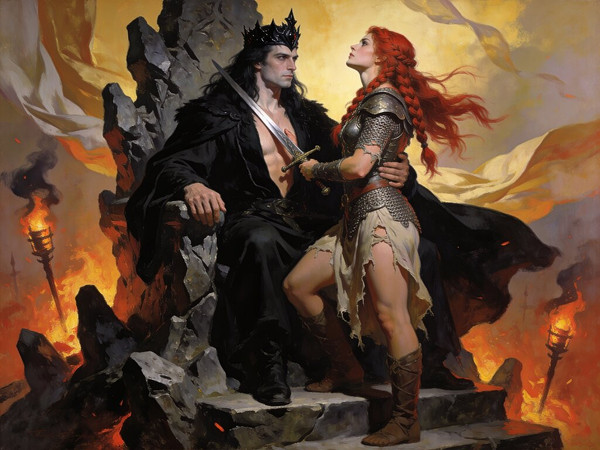 Seedream V4.5 — The Shieldmaiden and the Dark Lord — Classic Romance