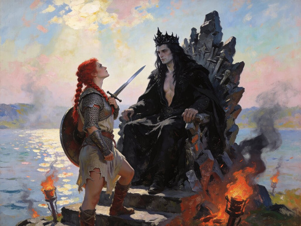 Seedream V4.5 — The Shieldmaiden and the Dark Lord — Impressionism