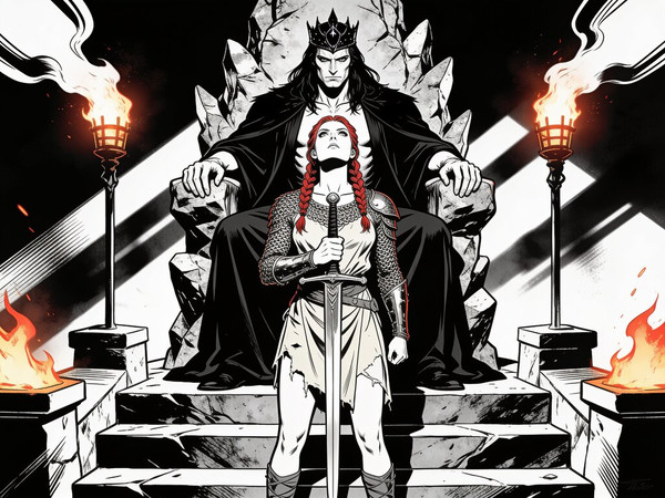 Seedream V4.5 — The Shieldmaiden and the Dark Lord — Noir Comic