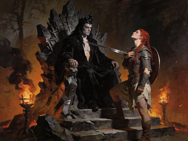 Seedream V4.5 — The Shieldmaiden and the Dark Lord — Oil Painting