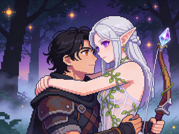 Seedream V4.5 — Fantasy Romance in the Whispering Grove — Pixel Art