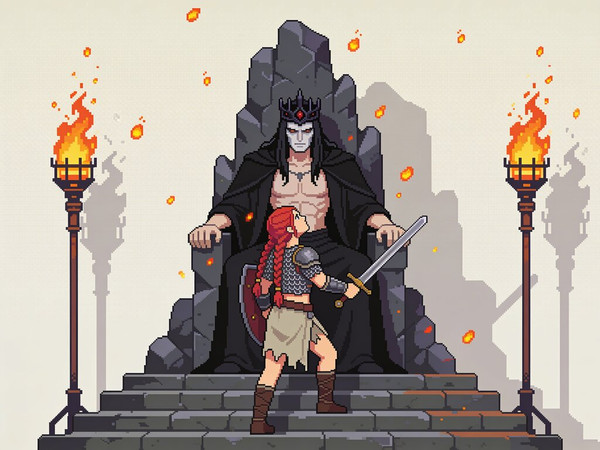Seedream V4.5 — The Shieldmaiden and the Dark Lord — Pixel Art