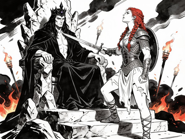 Seedream V4.5 — The Shieldmaiden and the Dark Lord — Pulp Ink