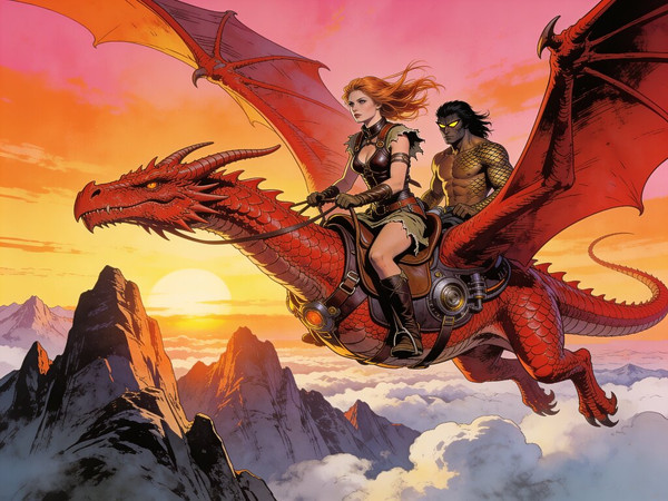 Seedream V4.5 — Dragonrider at Dawn — Retro Sci-Fi