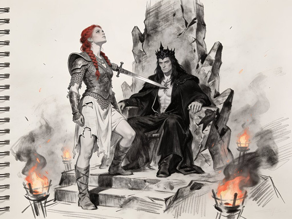 Seedream V4.5 — The Shieldmaiden and the Dark Lord — Sketch