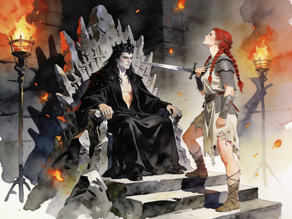 Seedream V4.5 — The Shieldmaiden and the Dark Lord — Watercolor