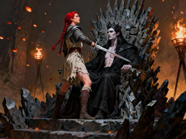 Seedream V4 — The Shieldmaiden and the Dark Lord — Digital Art