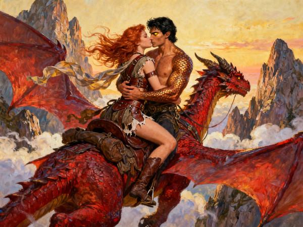 Seedream V4 — Dragonrider at Dawn — Classic Romance