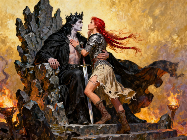 Seedream V4 — The Shieldmaiden and the Dark Lord — Classic Romance