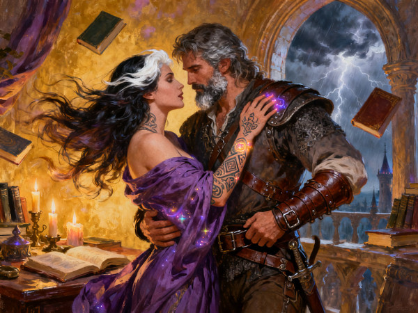 Seedream V4 — A Night in the Sorceress's Tower — Classic Romance