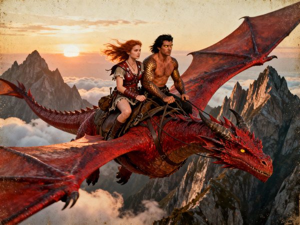 Seedream V4 — Dragonrider at Dawn — Dark Fantasy