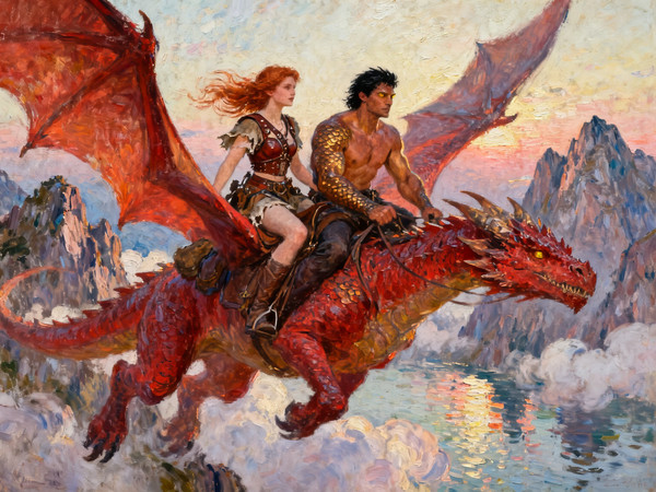 Seedream V4 — Dragonrider at Dawn — Impressionism