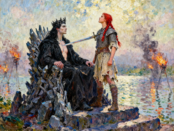 Seedream V4 — The Shieldmaiden and the Dark Lord — Impressionism