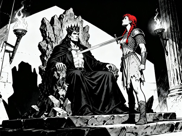 Seedream V4 — The Shieldmaiden and the Dark Lord — Noir Comic