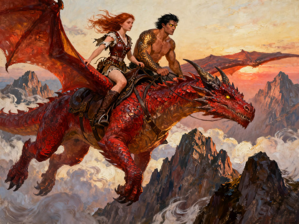 Seedream V4 — Dragonrider at Dawn — Oil Painting