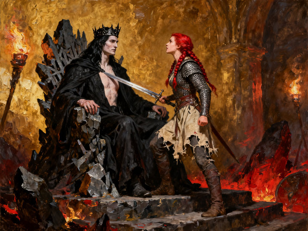 Seedream V4 — The Shieldmaiden and the Dark Lord — Oil Painting